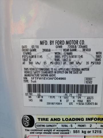 Photo 10 from auction – 2010 FORD F150 SUPER with VIN 1FTFW1EV3AFD04960