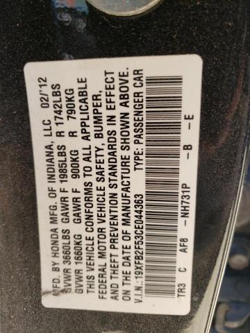Photo 10 from auction – 2012 HONDA CIVIC LX with VIN 19XFB2F53CE044363