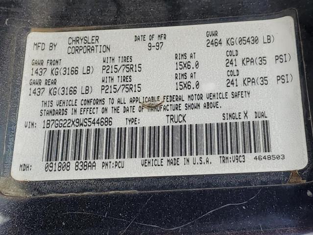 Photo 10 from auction – 1998 DODGE DAKOTA with VIN 1B7GG22X9WS544686