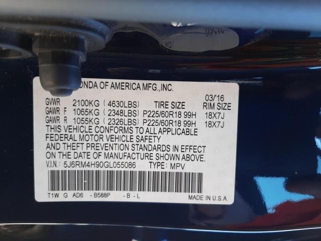 Photo 10 from auction – 2016 HONDA CR-V TOURI with VIN 5J6RM4H90GL055086