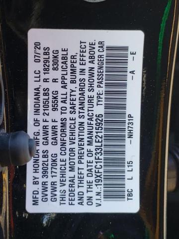 Photo 10 from auction – 2020 HONDA CIVIC with VIN 19XFC1F33LE215926