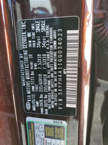 Photo 10 from auction – 2016 KIA SORENTO EX with VIN 5XYPH4A11GG034023
