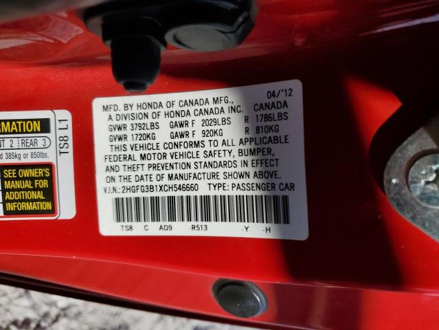 Photo 10 from auction – 2012 HONDA CIVIC EXL with VIN 2HGFG3B1XCH546660