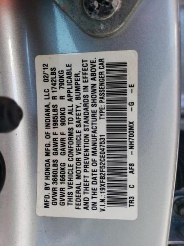 Photo 10 from auction – 2012 HONDA CIVIC LX with VIN 19XFB2F52CE047531