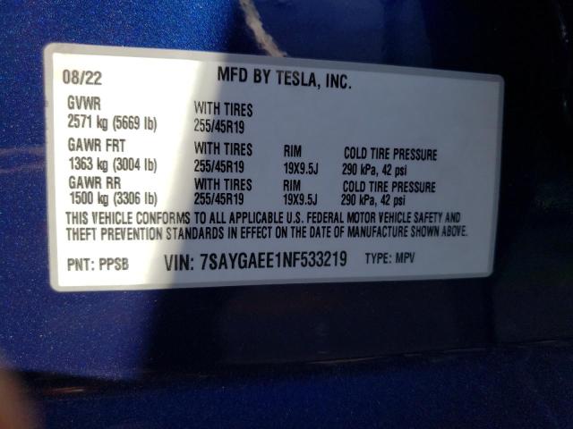 Photo 10 from auction – 2022 TESLA MODEL Y with VIN 7SAYGAEE1NF533219