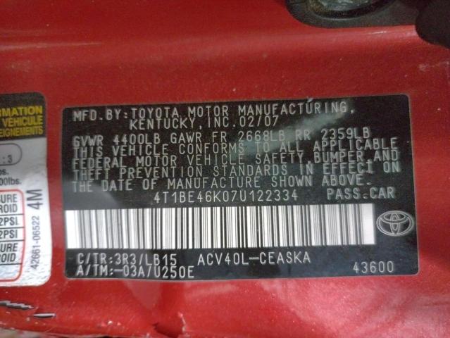 Photo 10 from auction – 2007 TOYOTA CAMRY CE with VIN 4T1BE46K07U122334