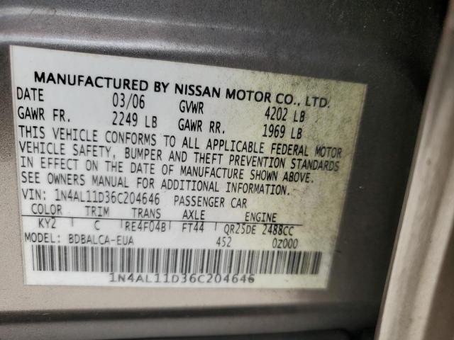 Photo 10 from auction – 2006 NISSAN ALTIMA S with VIN 1N4AL11D36C204646