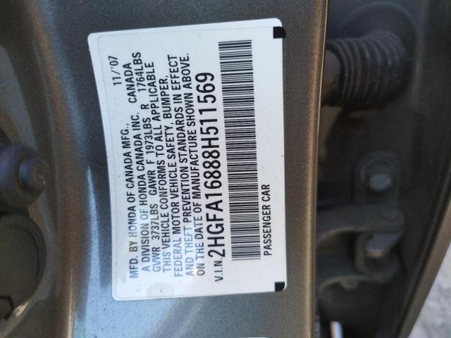 Photo 10 from auction – 2008 HONDA CIVIC EX with VIN 2HGFA16888H511569