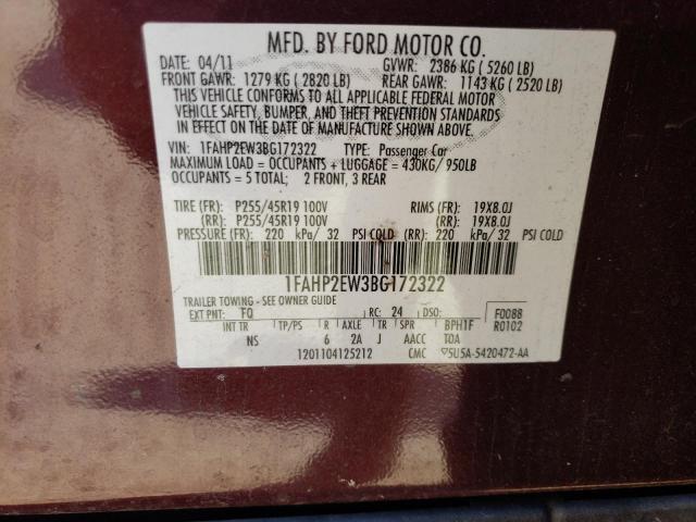 Photo 10 from auction – 2011 FORD TAURUS SEL with VIN 1FAHP2EW3BG172322