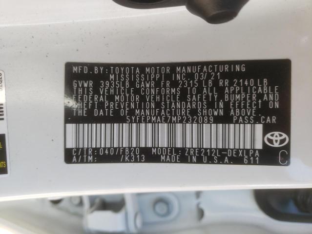Photo 10 from auction – 2021 TOYOTA COROLLA LE with VIN 5YFEPMAE7MP232089