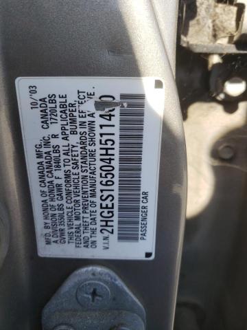 Photo 10 from auction – 2004 HONDA CIVIC with VIN 2HGES16504H511400