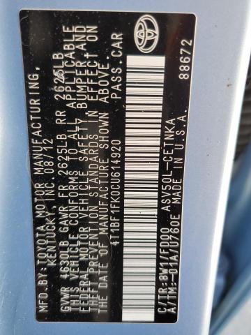 Photo 10 from auction – 2012 TOYOTA CAMRY with VIN 4T1BF1FK0CU614920