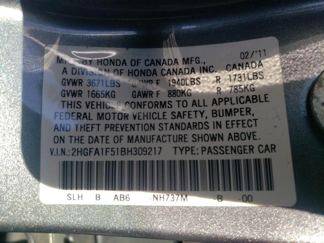 Photo 10 from auction – 2011 HONDA CIVIC LX with VIN 2HGFA1F51BH309217
