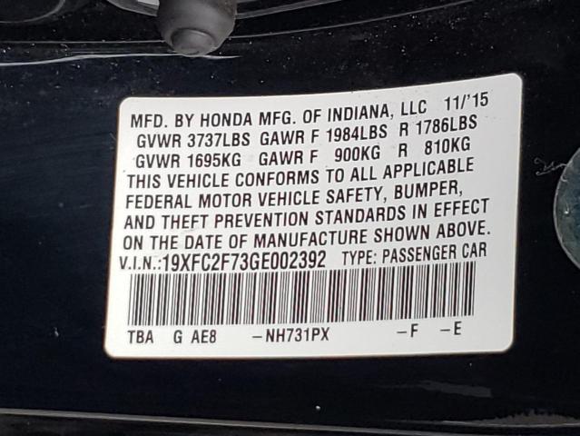 Photo 10 from auction – 2016 HONDA CIVIC EX with VIN 19XFC2F73GE002392