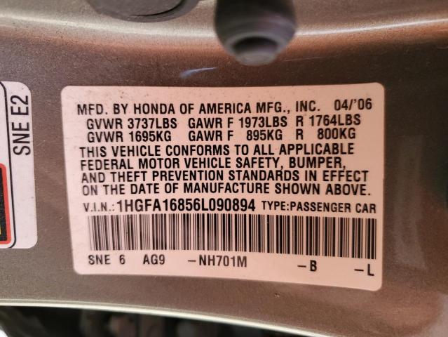 Photo 10 from auction – 2006 HONDA CIVIC EX with VIN 1HGFA16856L090894