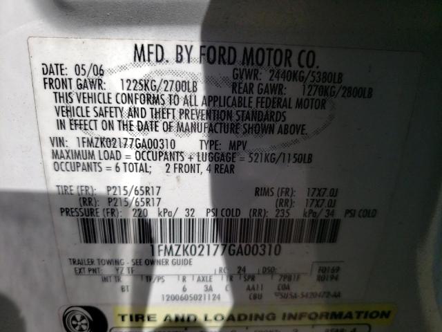 Photo 10 from auction – 2007 FORD FREESTYLE with VIN 1FMZK02177GA00310