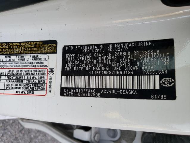 Photo 10 from auction – 2007 TOYOTA CAMRY CE with VIN 4T1BE46K57U660494