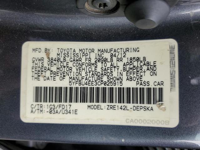 Photo 10 from auction – 2012 TOYOTA COROLLA BA with VIN 5YFBU4EE3CP025915