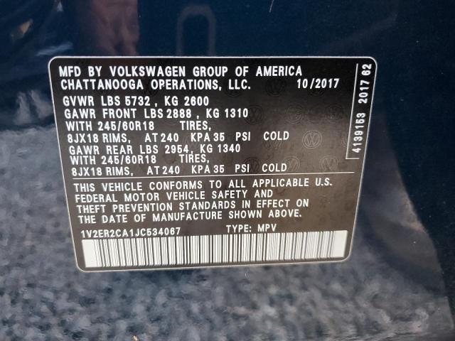 Photo 10 from auction – 2018 VOLKSWAGEN ATLAS SEL with VIN 1V2ER2CA1JC534067