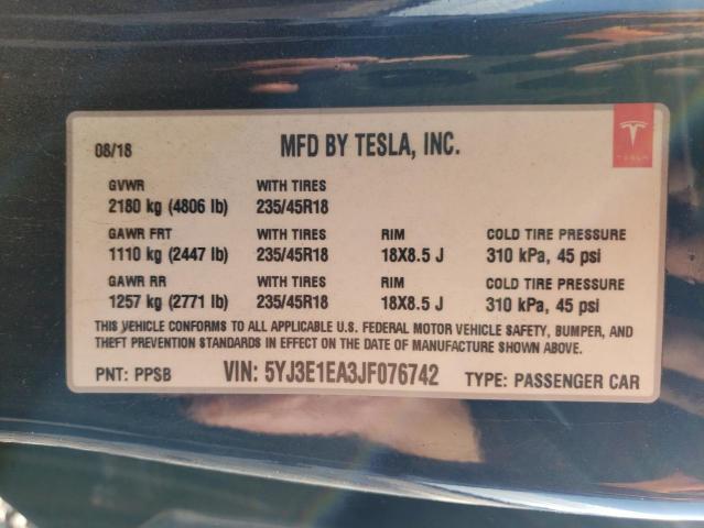 Photo 10 from auction – 2018 TESLA MODEL 3 with VIN 5YJ3E1EA3JF076742
