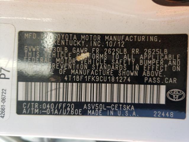 Photo 10 from auction – 2012 TOYOTA CAMRY BASE with VIN 4T1BF1FK9CU181274