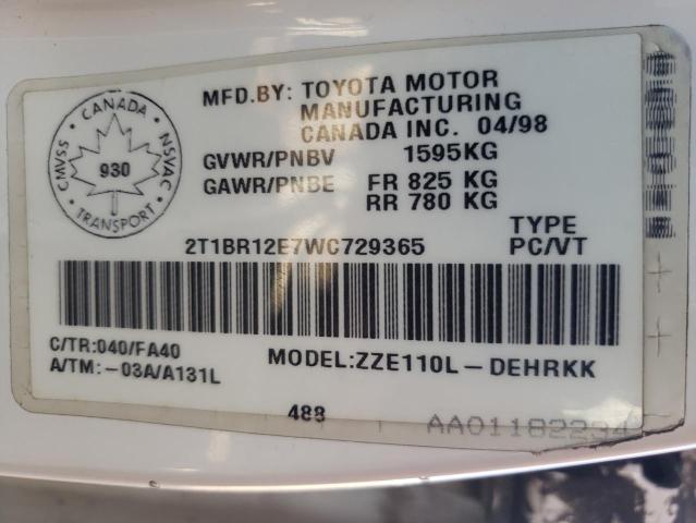Photo 10 from auction – 1998 TOYOTA COROLLA VE with VIN 2T1BR12E7WC729365