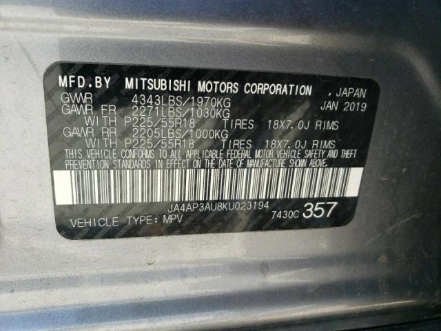 Photo 10 from auction – 2019 MITSUBISHI OUTLANDER with VIN JA4AP3AU8KU023194
