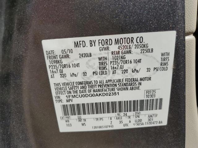 Photo 10 from auction – 2010 FORD ESCAPE XLT with VIN 1FMCU0DG0AKD02351