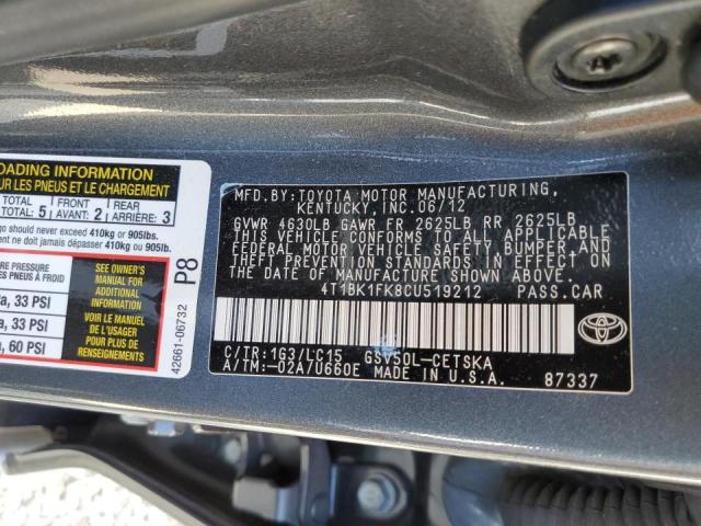 Photo 10 from auction – 2012 TOYOTA CAMRY with VIN 4T1BK1FK8CU519212