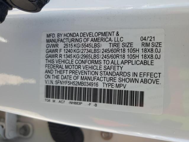 Photo 10 from auction – 2021 HONDA PILOT EXL with VIN 5FNYF5H52MB034916