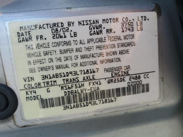 Photo 10 from auction – 2003 NISSAN SENTRA SE- with VIN 3N1AB51D93L718167