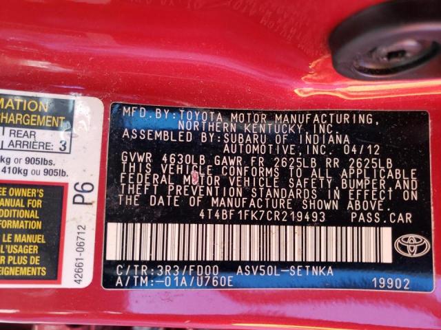 Photo 10 from auction – 2012 TOYOTA CAMRY BASE with VIN 4T4BF1FK7CR219493