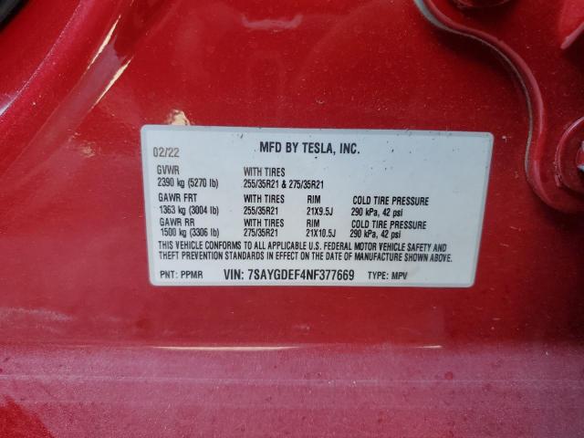 Photo 10 from auction – 2022 TESLA MODEL Y with VIN 7SAYGDEF4NF377669