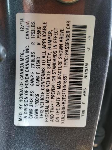 Photo 10 from auction – 2015 HONDA CIVIC LX with VIN 2HGFB2F57FH516851