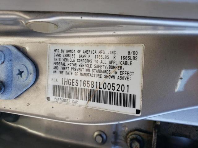 Photo 10 from auction – 2001 HONDA CIVIC LX with VIN 1HGES16581L005201