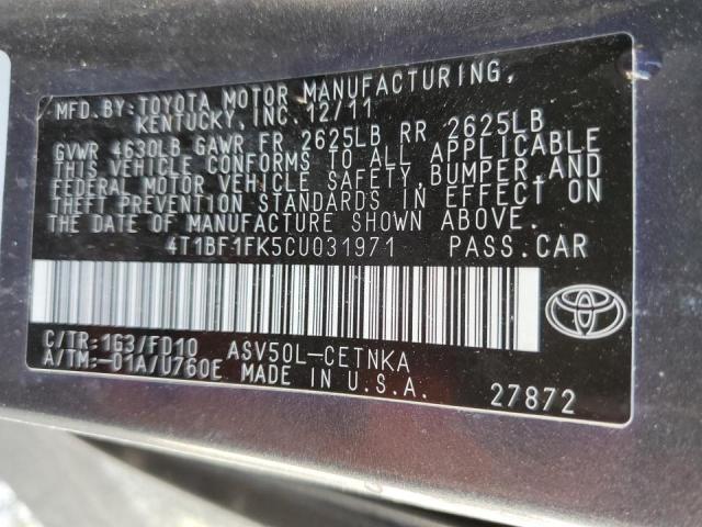 Photo 10 from auction – 2012 TOYOTA CAMRY BASE with VIN 4T1BF1FK5CU031971