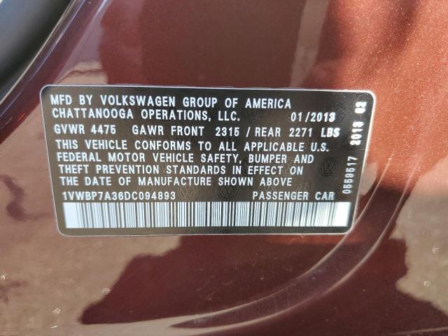Photo 10 from auction – 2013 VOLKSWAGEN PASSAT SE with VIN 1VWBP7A36DC094893