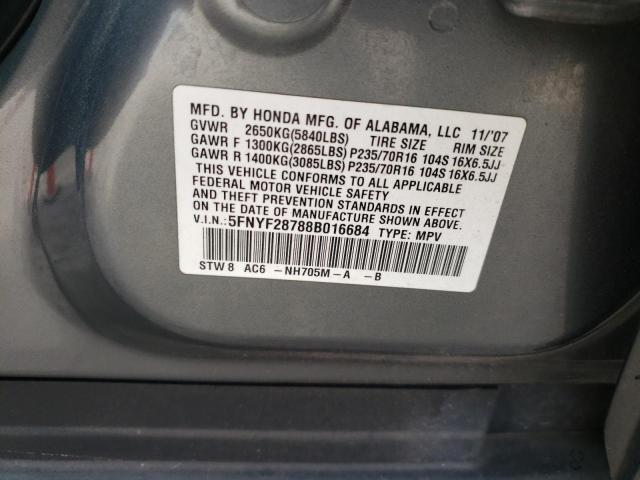 Photo 10 from auction – 2008 HONDA PILOT EXL with VIN 5FNYF28788B016684