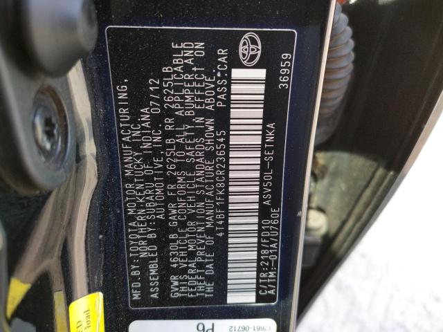 Photo 10 from auction – 2012 TOYOTA CAMRY BASE with VIN 4T4BF1FK8CR236545