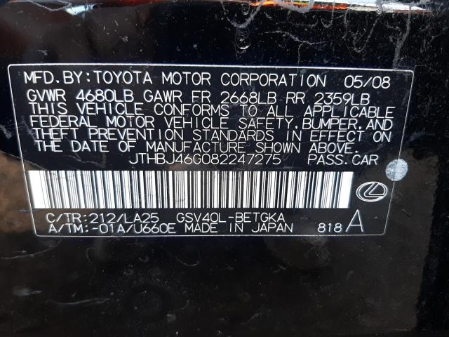 Photo 10 from auction – 2008 LEXUS ES 350 with VIN JTHBJ46G082247275