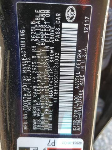 Foto 10 de la subasta – 2012 TOYOTA CAMRY BASE con VIN 4T1BF1FK5CU134002