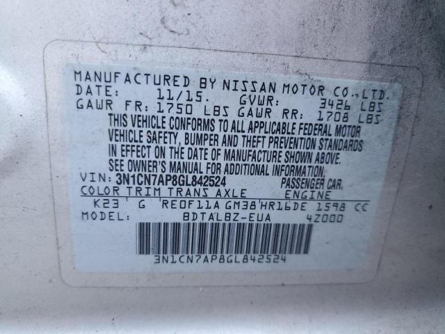 Photo 10 from auction – 2016 NISSAN VERSA S with VIN 3N1CN7AP8GL842524