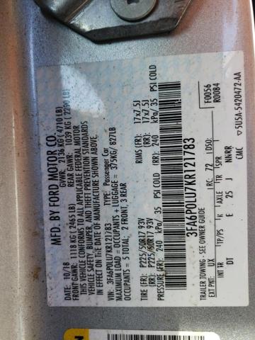 Photo 10 from auction – 2019 FORD FUSION SE with VIN 3FA6P0LU7KR121783