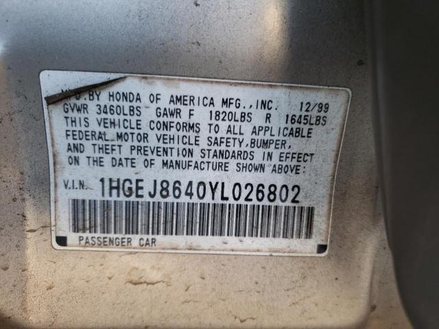 Photo 10 from auction – 2000 HONDA CIVIC EX with VIN 1HGEJ8640YL026802