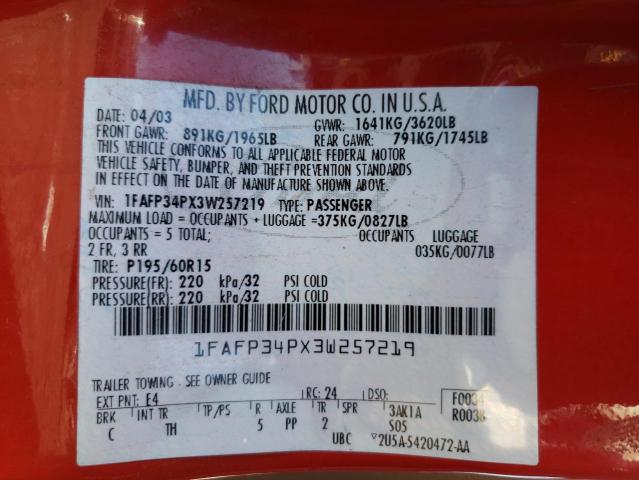 Photo 10 from auction – 2003 FORD FOCUS SE with VIN 1FAFP34PX3W257219