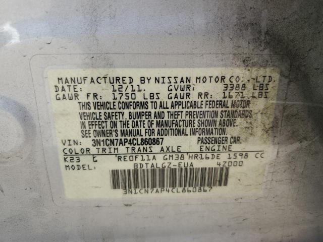 Photo 10 from auction – 2012 NISSAN VERSA S with VIN 3N1CN7AP4CL860867