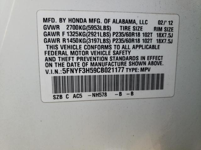 Photo 10 from auction – 2012 HONDA PILOT EXL with VIN 5FNYF3H59CB021177