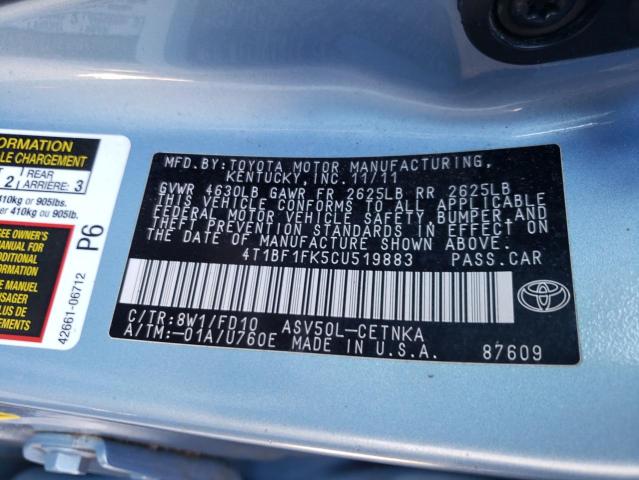 Photo 10 from auction – 2012 TOYOTA CAMRY BASE with VIN 4T1BF1FK5CU519883
