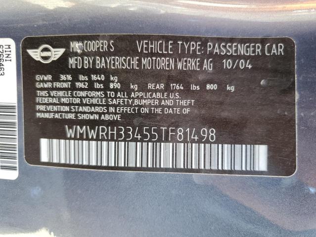 Photo 10 from auction – 2005 MINI COOPER S with VIN WMWRH33455TF81498