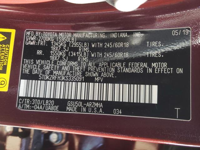 Photo 10 from auction – 2019 TOYOTA HIGHLANDER with VIN 5TDKZRFH3KS335091